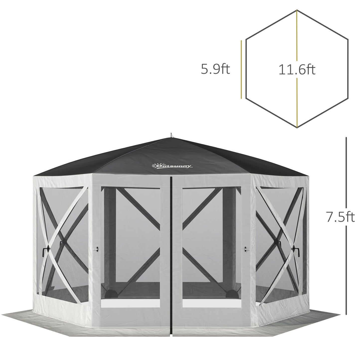 12' x 12' Hexagon Automatic Pop Up Screen Tents Camping Shelter Picnic Canopy with Mesh Sidewalls and Carry Bag, Grey