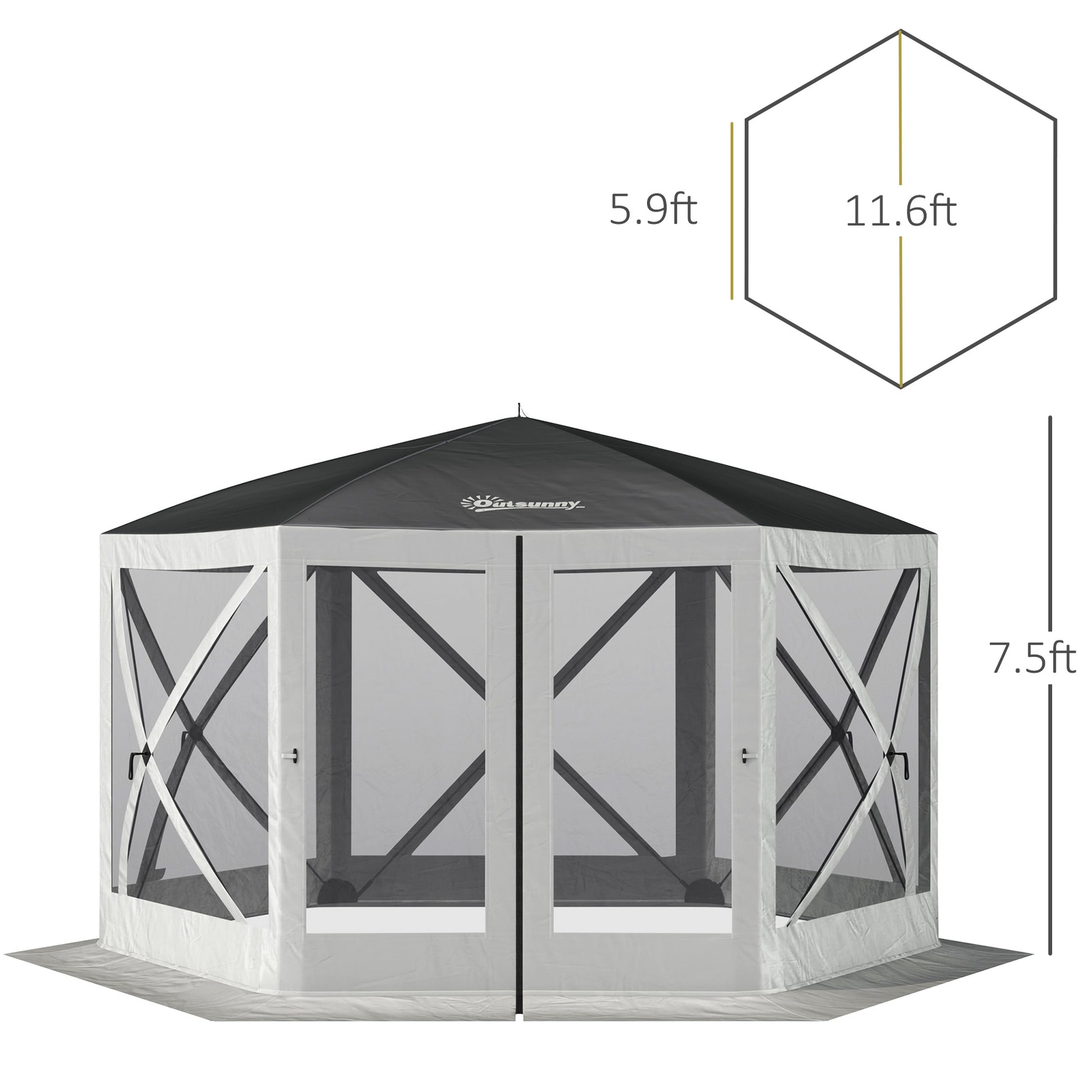 12' x 12' Hexagon Automatic Pop Up Screen Tents Camping Shelter Picnic Canopy with Mesh Sidewalls and Carry Bag, Grey