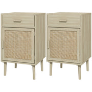 Boho Bedside Tables Set of 2, Nightstands with Drawer, Rattan Cabinet, Adjustable Shelf for Bedroom, Living Room, Oak