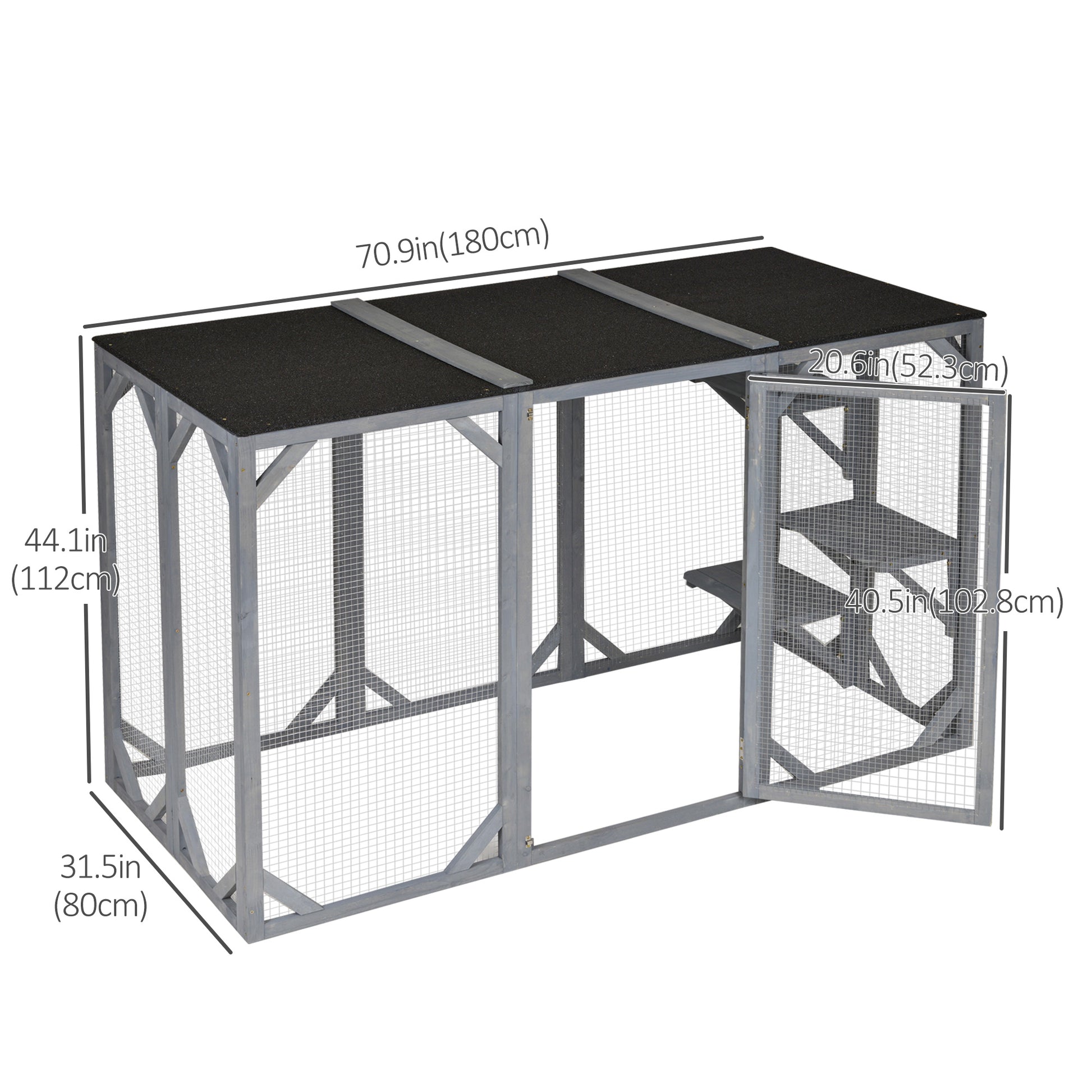 44.1" H Cat Cage, Indoor Outdoor Wooden Enclosure Pet House, Small Animal Cage Hutch, Suitable for Rabbit, Dogs, Kitten, Crate Kennel with Waterproof Roof, Multi-Level Platforms, Lock, Grey