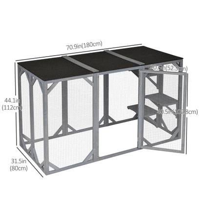 44.1" H Cat Cage, Indoor Outdoor Wooden Enclosure Pet House, Small Animal Cage Hutch, Suitable for Rabbit, Dogs, Kitten, Crate Kennel with Waterproof Roof, Multi-Level Platforms, Lock, Grey