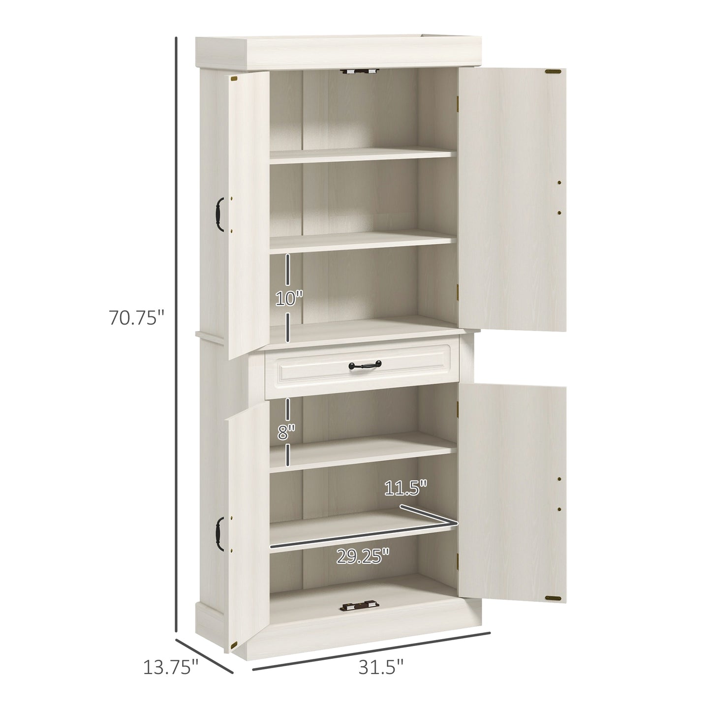71" Freestanding Kitchen Pantry with 4 Doors and 2 Cabinets, Tall Storage Cabinet for Kitchen, Distressed White
