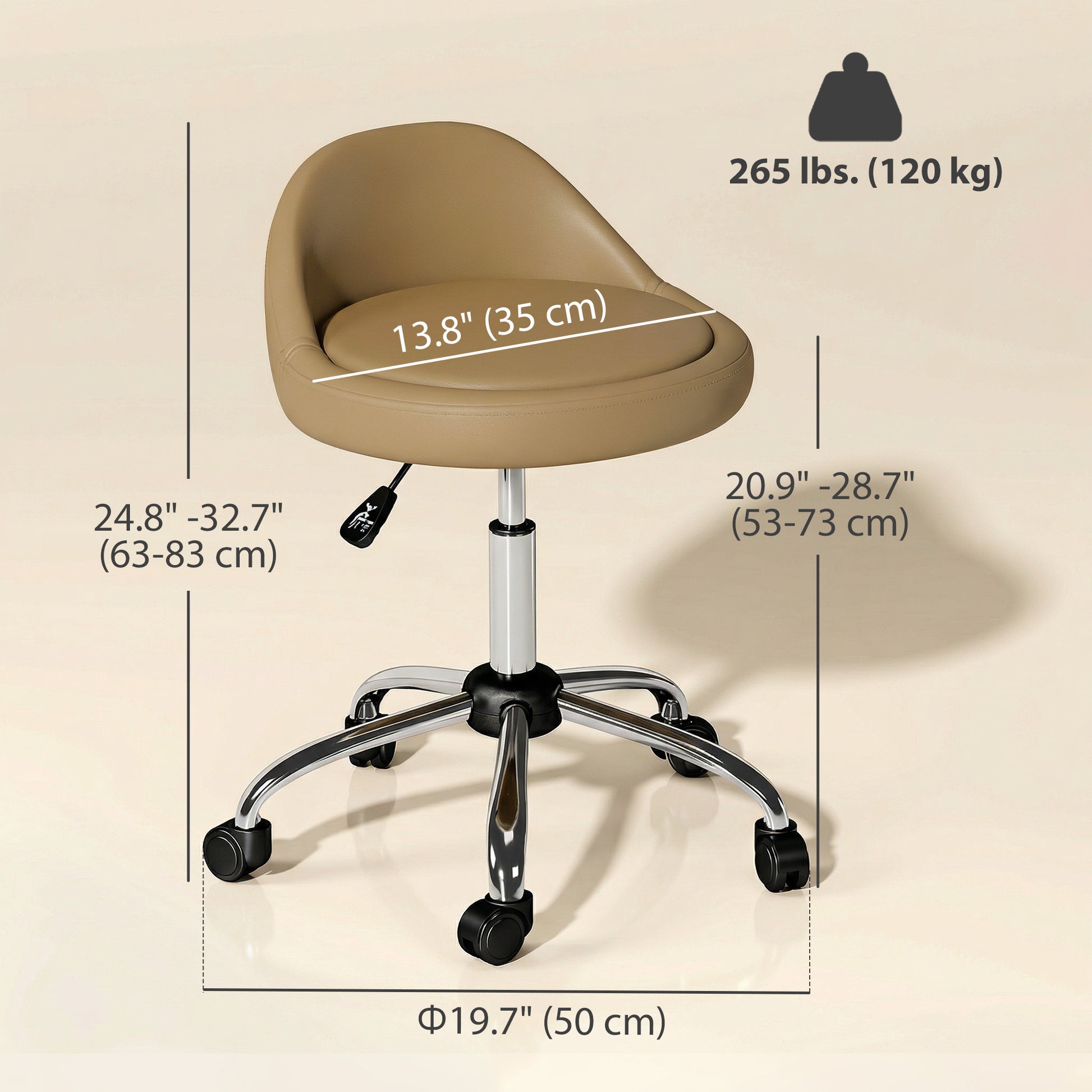Salon Stool, Adjustable Rolling Stool, Light Brown