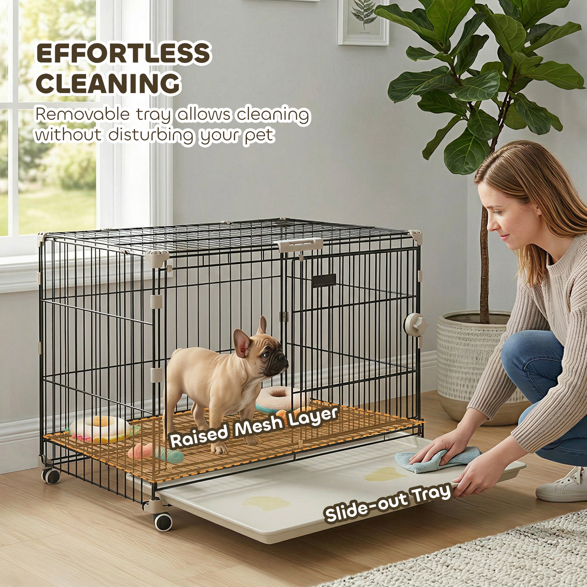 Dog Crate, 30 Inch Metal Dog Cage with Removable Tray, Lockable Wheels, 2 Doors for Small Medium Breeds, Black