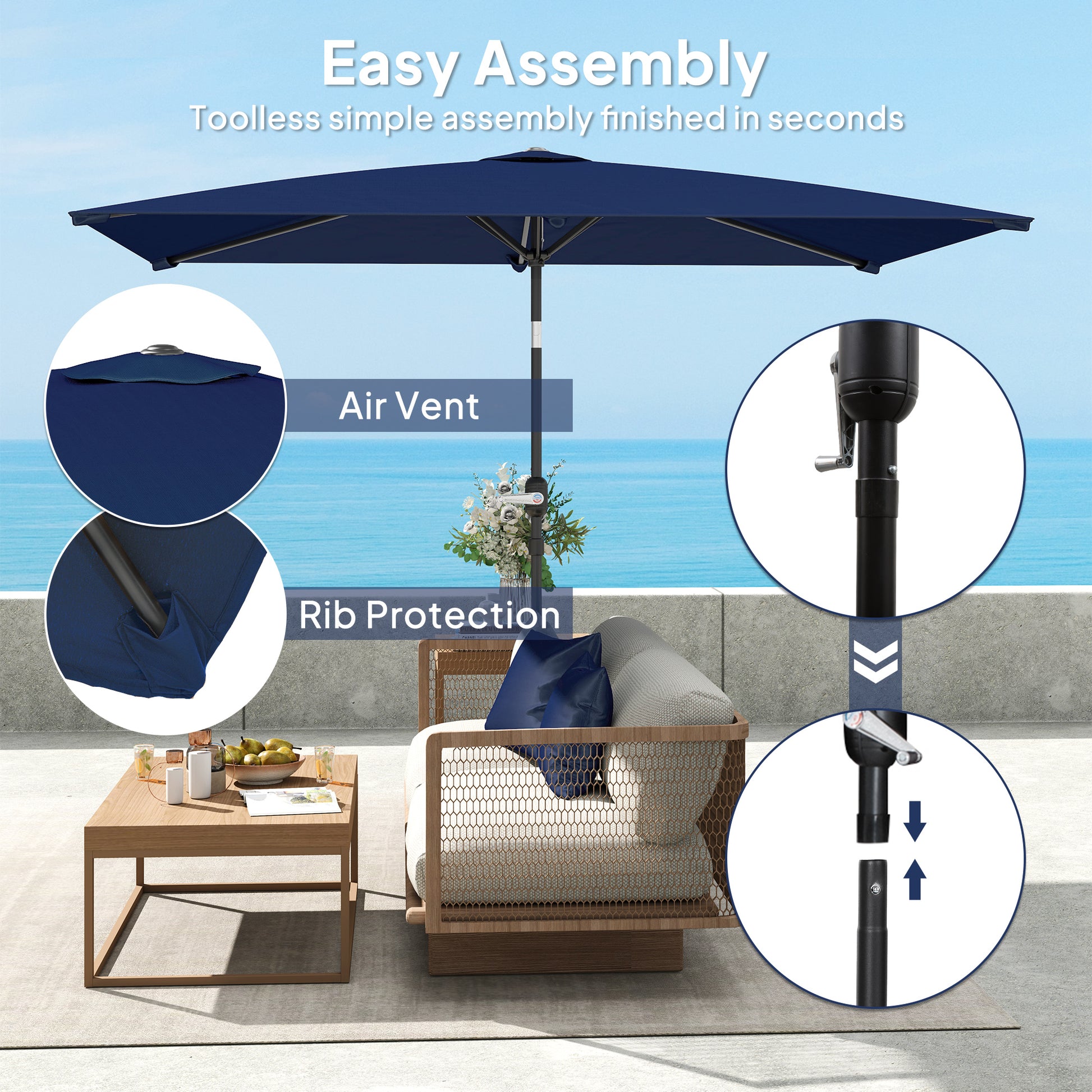 6.5x9.6ft Rectangle Aluminum Tilt Patio Umbrella, Garden Market Parasol, Outdoor Sunshade Canopy with Crank, Navy Blue