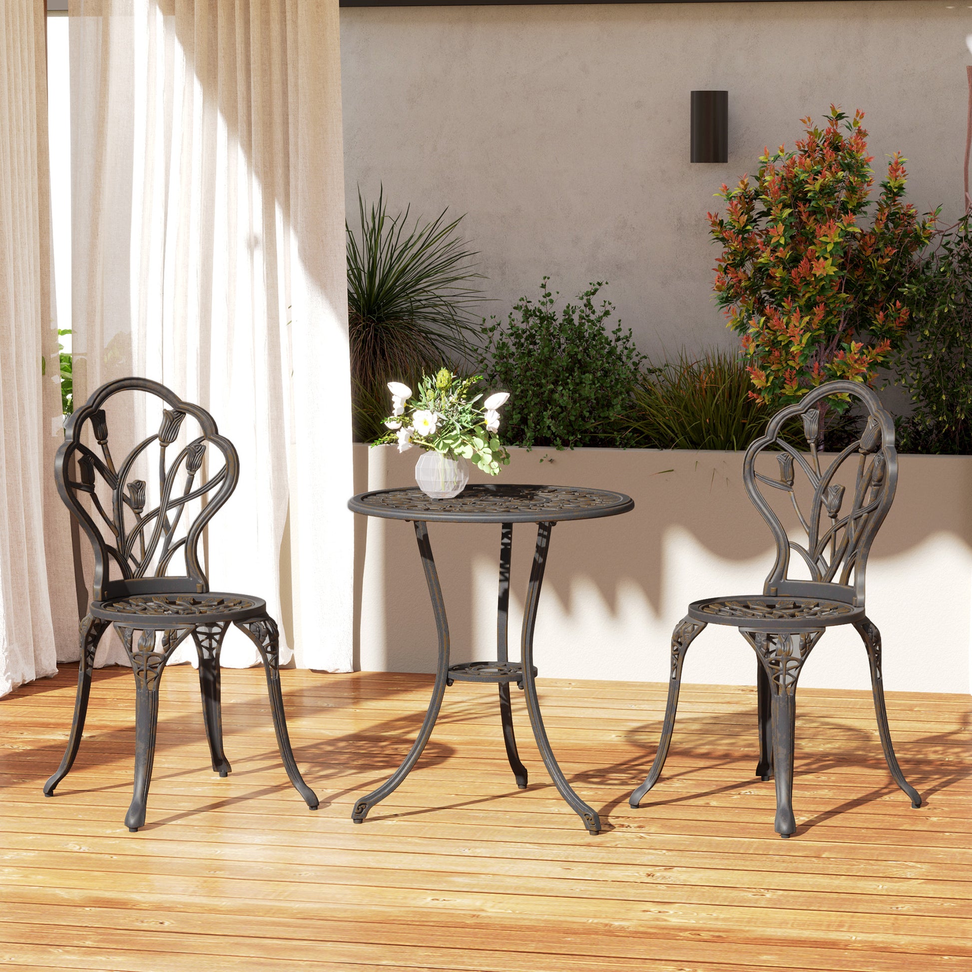 3PCs Patio Bistro Set, Outdoor Cast Aluminum Garden Table and Chairs with Umbrella Hole for Balcony, Bronze