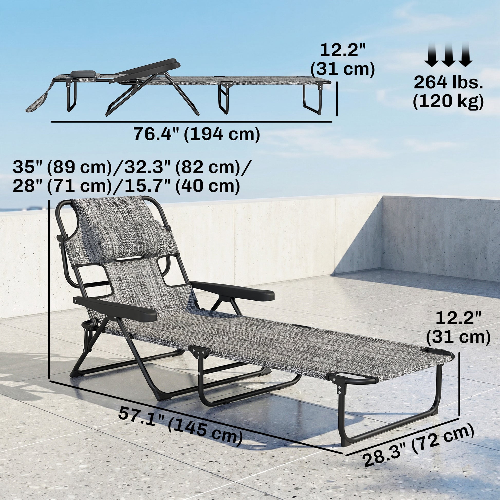 Folding Lounge Chair w/ Reclining Back, Mixed Grey