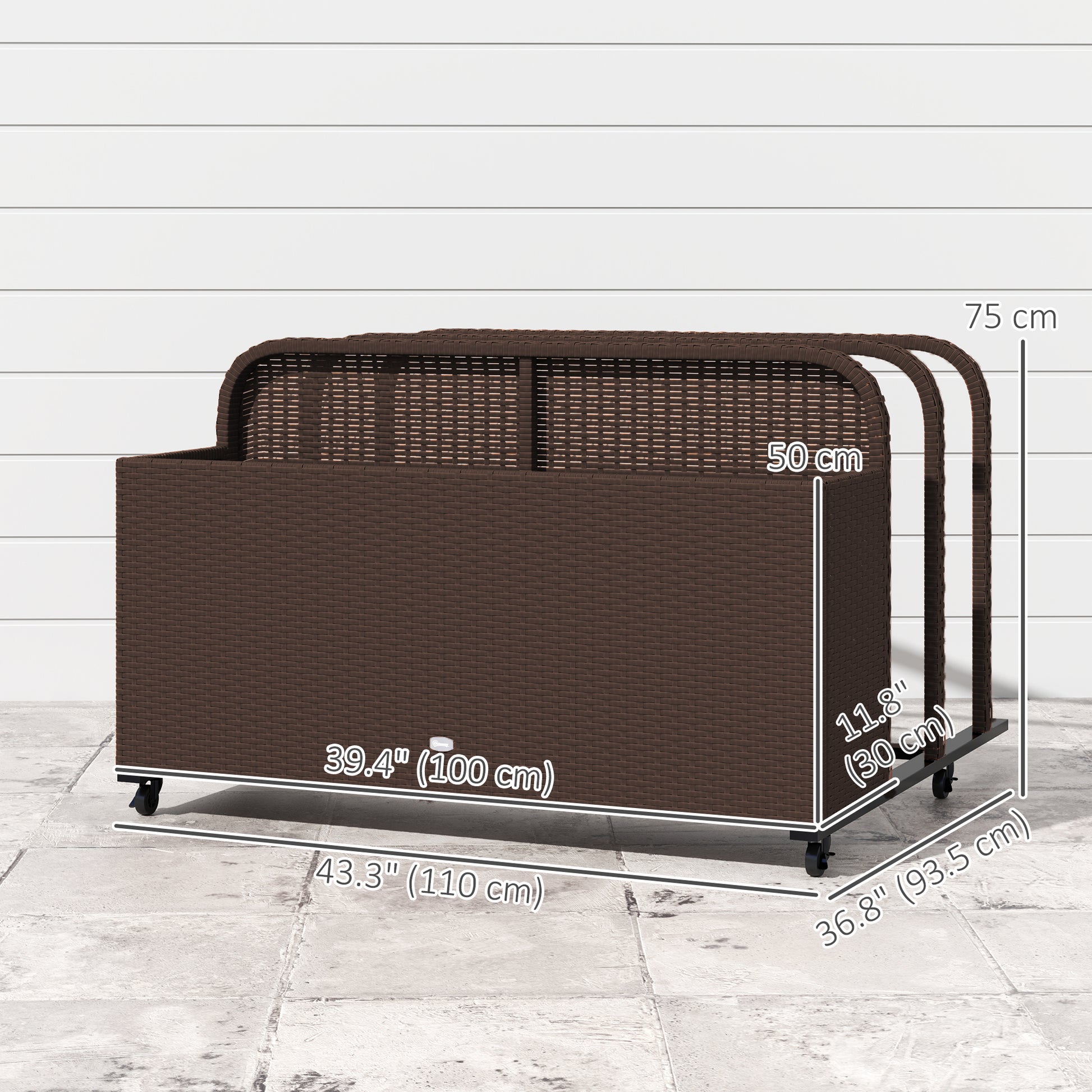Rolling Pool Storage Rattan Patio Furniture Outdoor Storage Wicker Organizer for Floats, Paddles, Balls, Towels, Brown