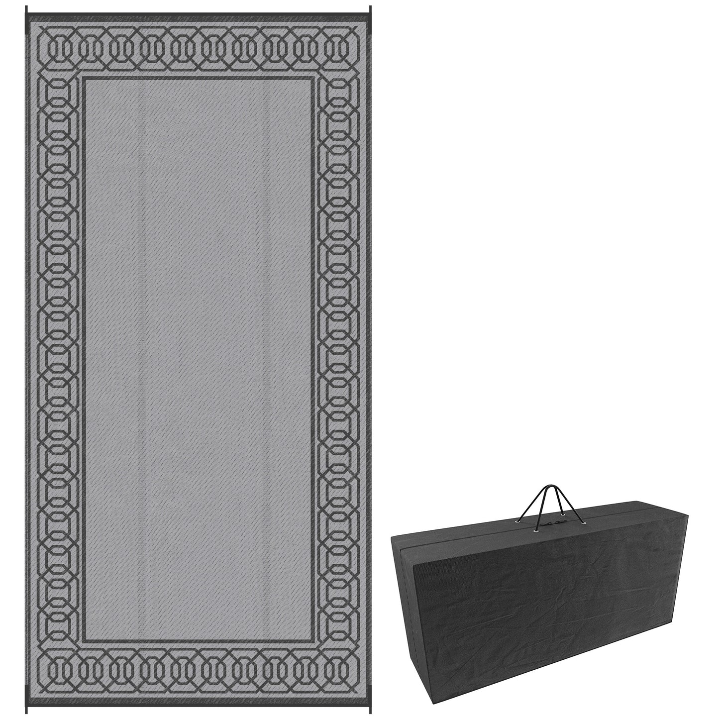 Portable Outdoor Rug with Carrying Bag, 9' x 18' Reversible Mat, Waterproof Plastic Straw RV Rug, Black and Grey