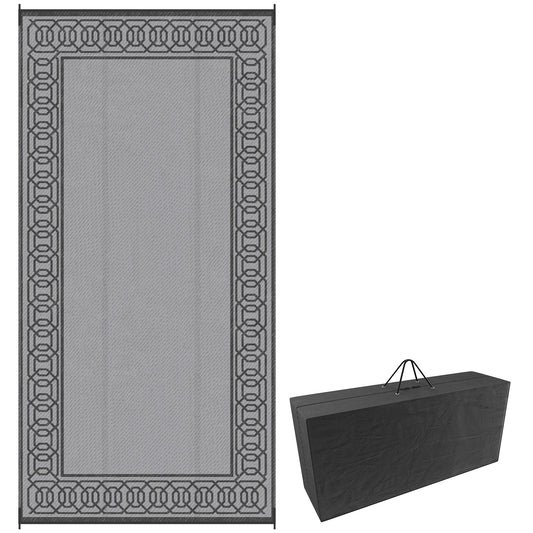 Portable Outdoor Rug with Carrying Bag, 9' x 18' Reversible Mat, Waterproof Plastic Straw RV Rug, Black and Grey