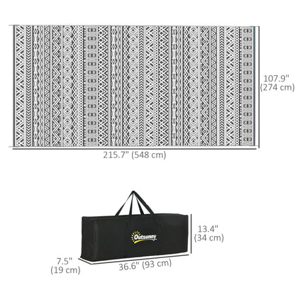 Reversible Outdoor Rug Waterproof Plastic Straw RV Rug with Carry Bag, 9' x 18', Grey and Cream White Boho