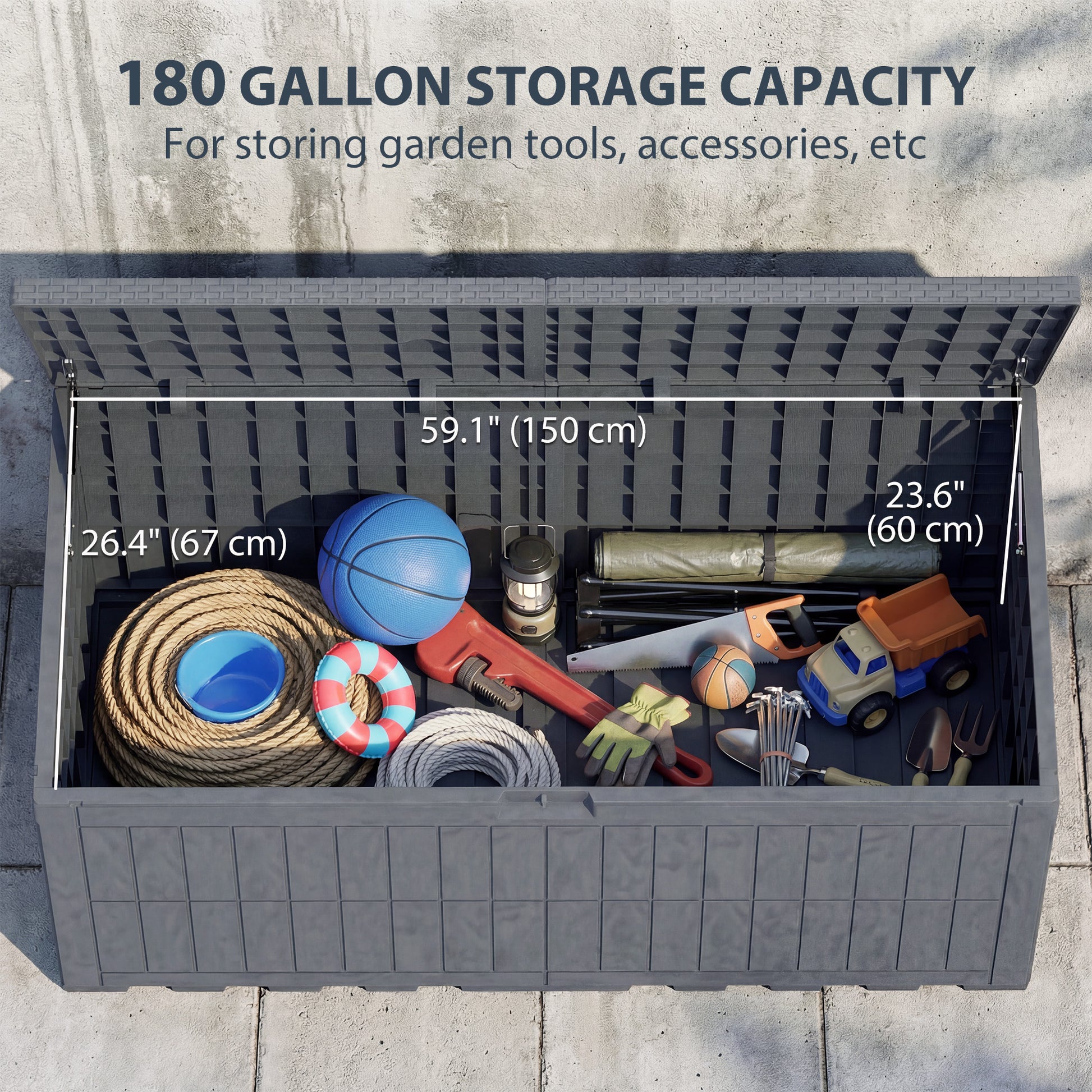 100 Gallon Resin Deck Box, Waterproof Lockable Outdoor Storage Box with Pneumatic Gas Rods, Side Handles