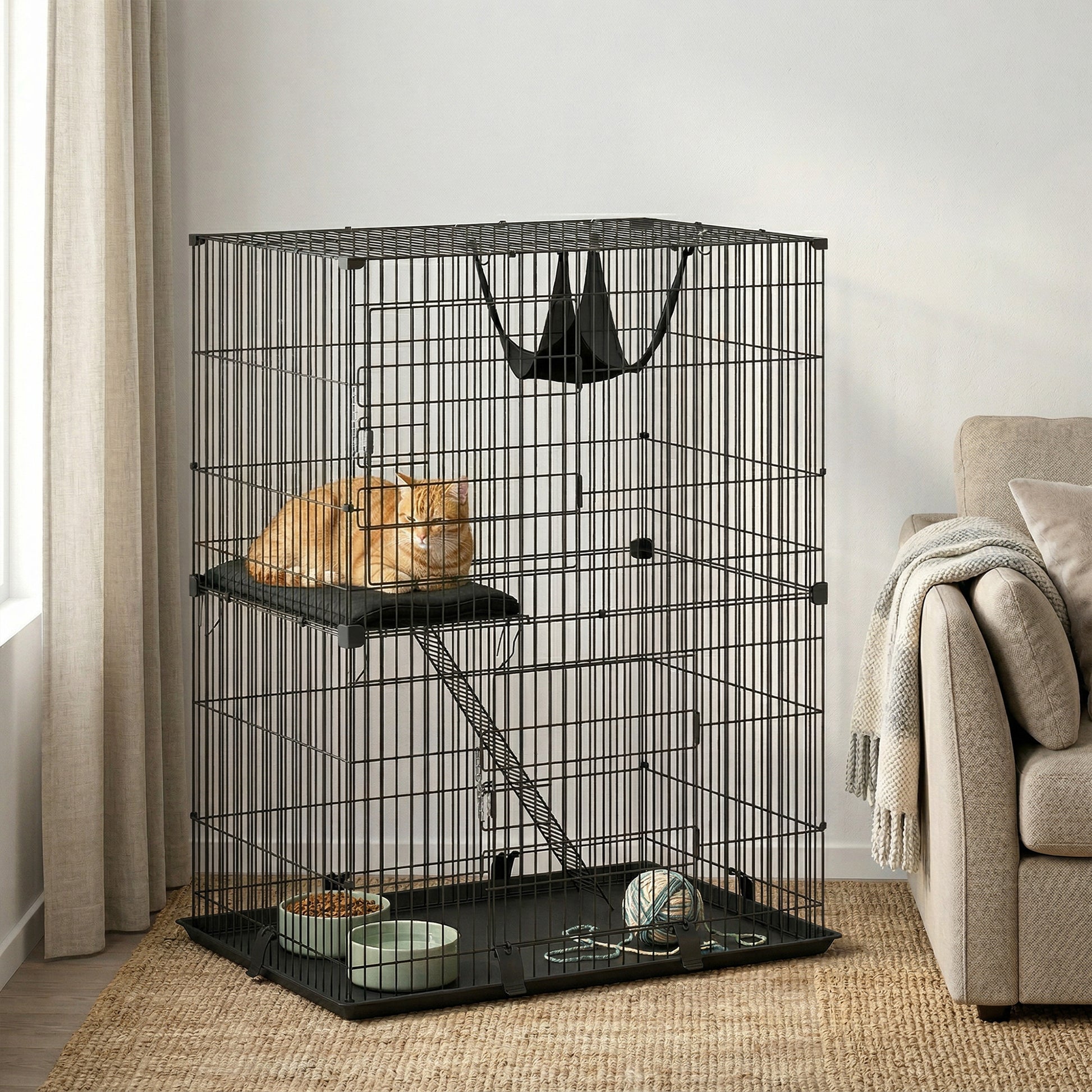 2-Tier Cat Cage Indoor, Detachable Metal Wire Kennel with Hammock, Platform, Tray and Cushion for 1-2 Kittens
