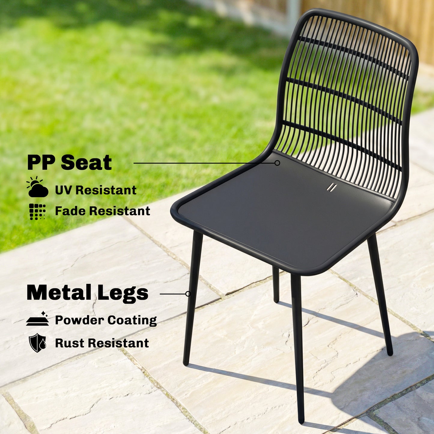 Set of 4 Outdoor Patio Dining Chairs, Durable Garden Chairs with Slotted Backrest Design for Dining Room, Kitchen and Outdoor Use, Black