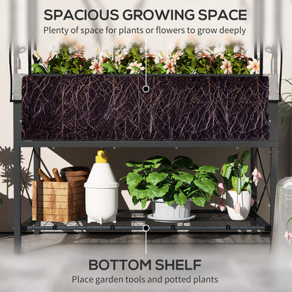 Raised Garden Bed with Cover, Metal Elevated Planter Box with Bottom Shelf and Liner, Dark Grey