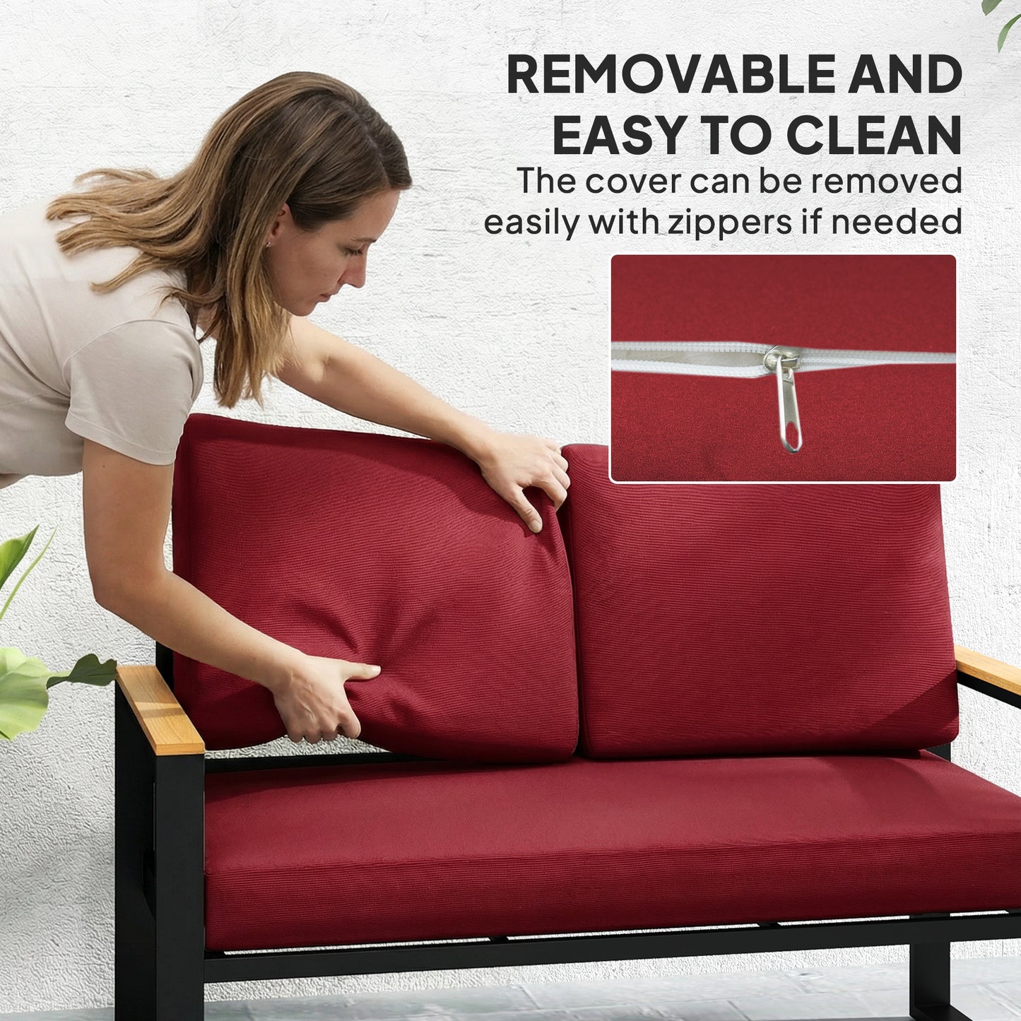 2 Seater 5" Thick Outdoor Seat Cushions with 7" Backrest, Loveseat Outdoor Furniture Cushions, Wine Red
