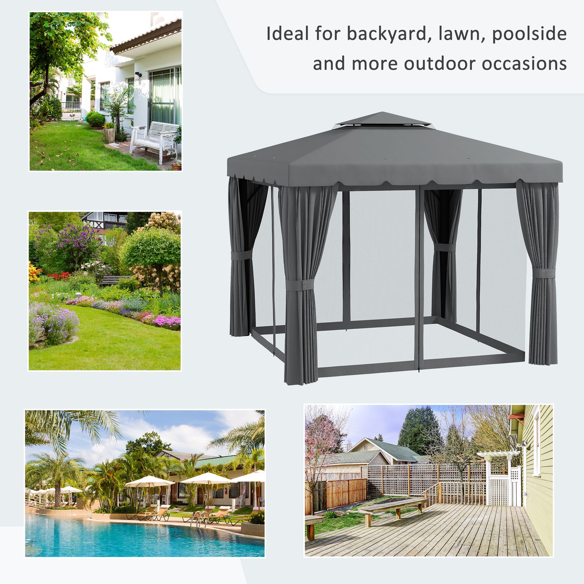 10' x 10' Outdoor Patio Gazebo Double Soft-top Garden Shelter Tent with Curtains, & Mesh Screen Drapes, Light Grey