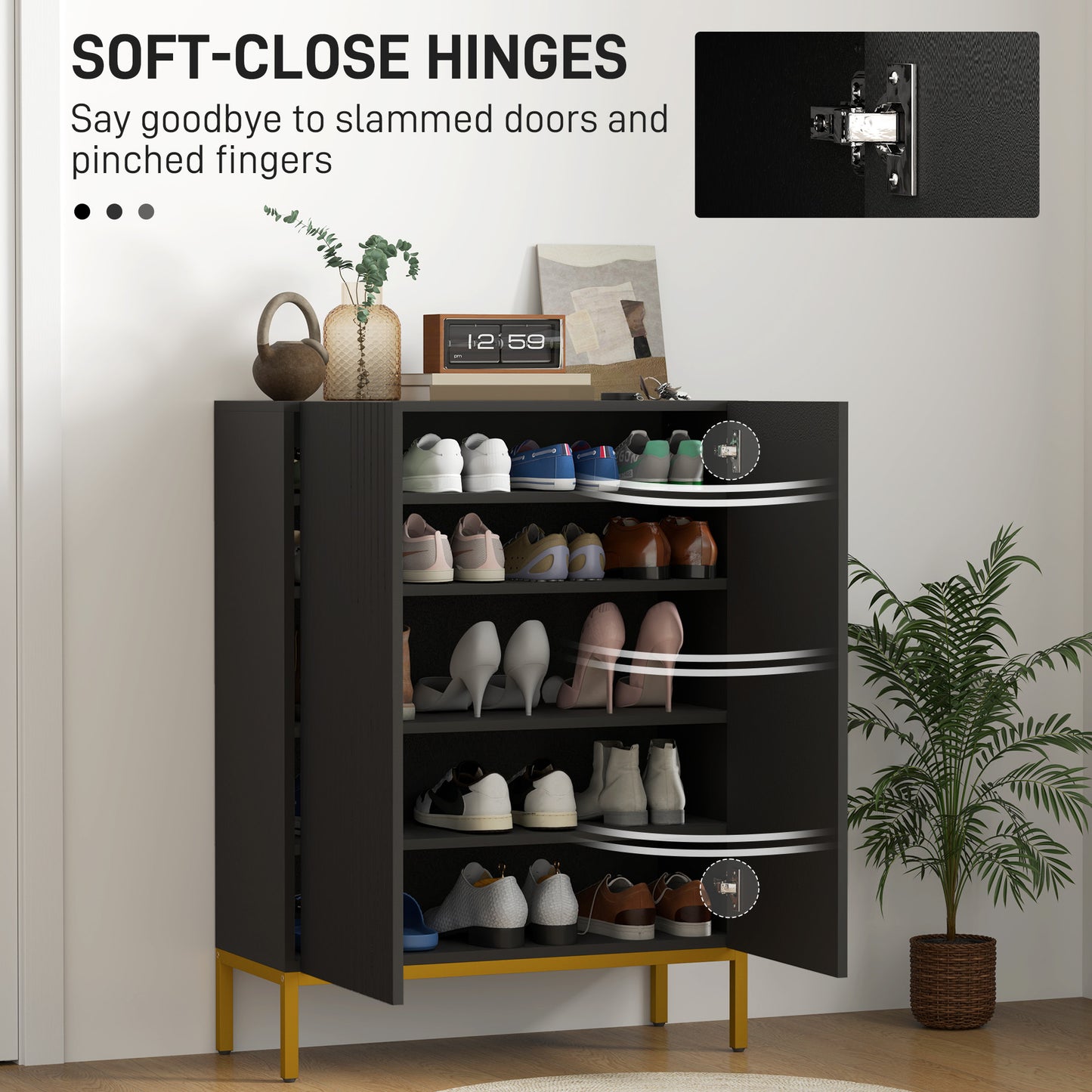 Shoe Storage Cabinet with Adjustable Shelves and Soft-Close Hinges, for 15-20 Pairs of Shoes, Black