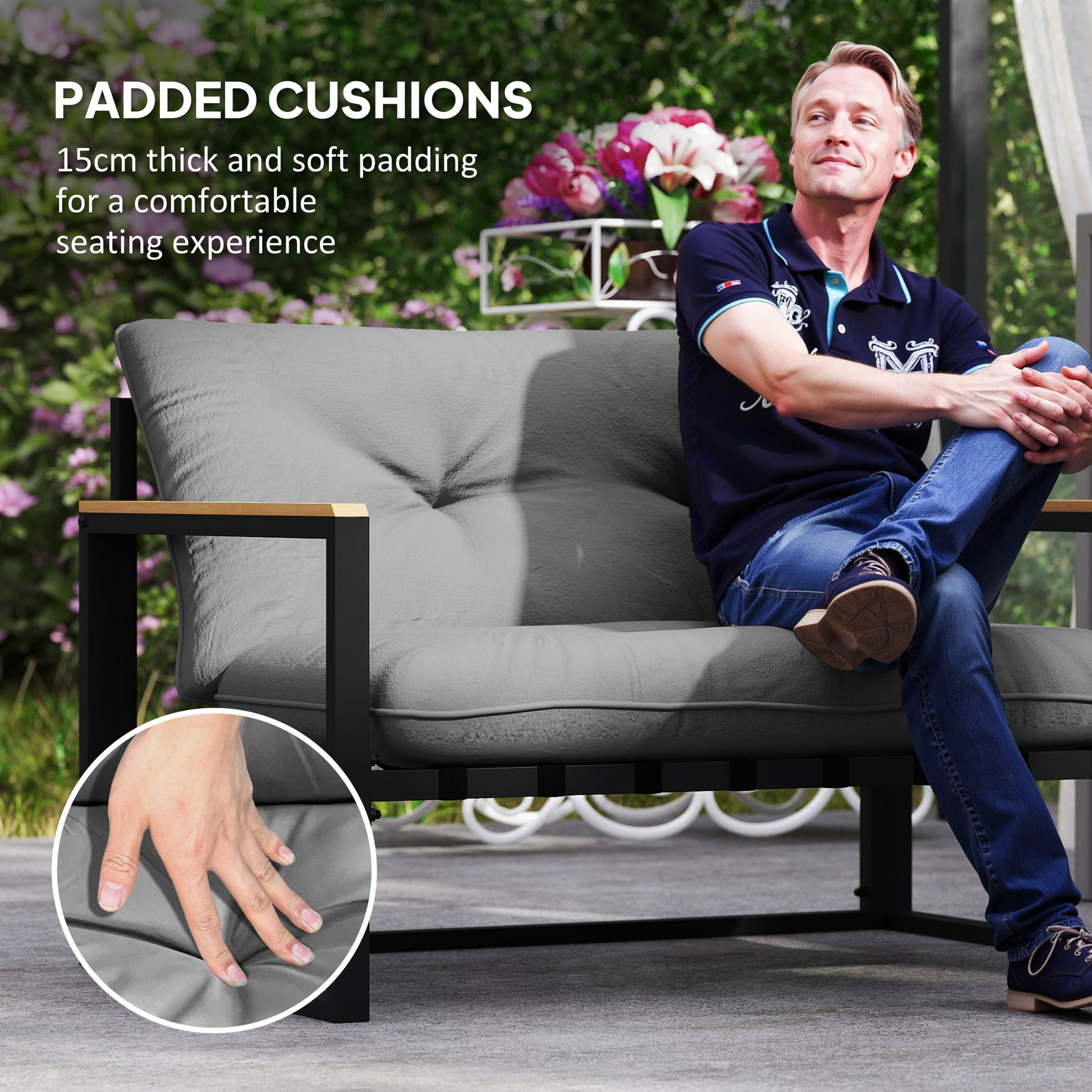4 Piece Patio Furniture Set, Outdoor Loveseat Sofa Set with Thick Cushions and Coffee Table, Light Grey