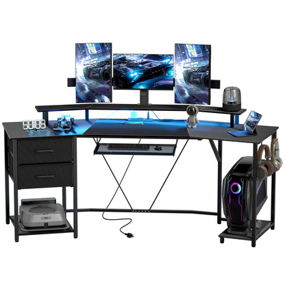 79 inch Gaming Desk with RGB Lights, Computer Table with Power Outlets & USB Ports, Keyboard Tray and 2 Drawers, Black
