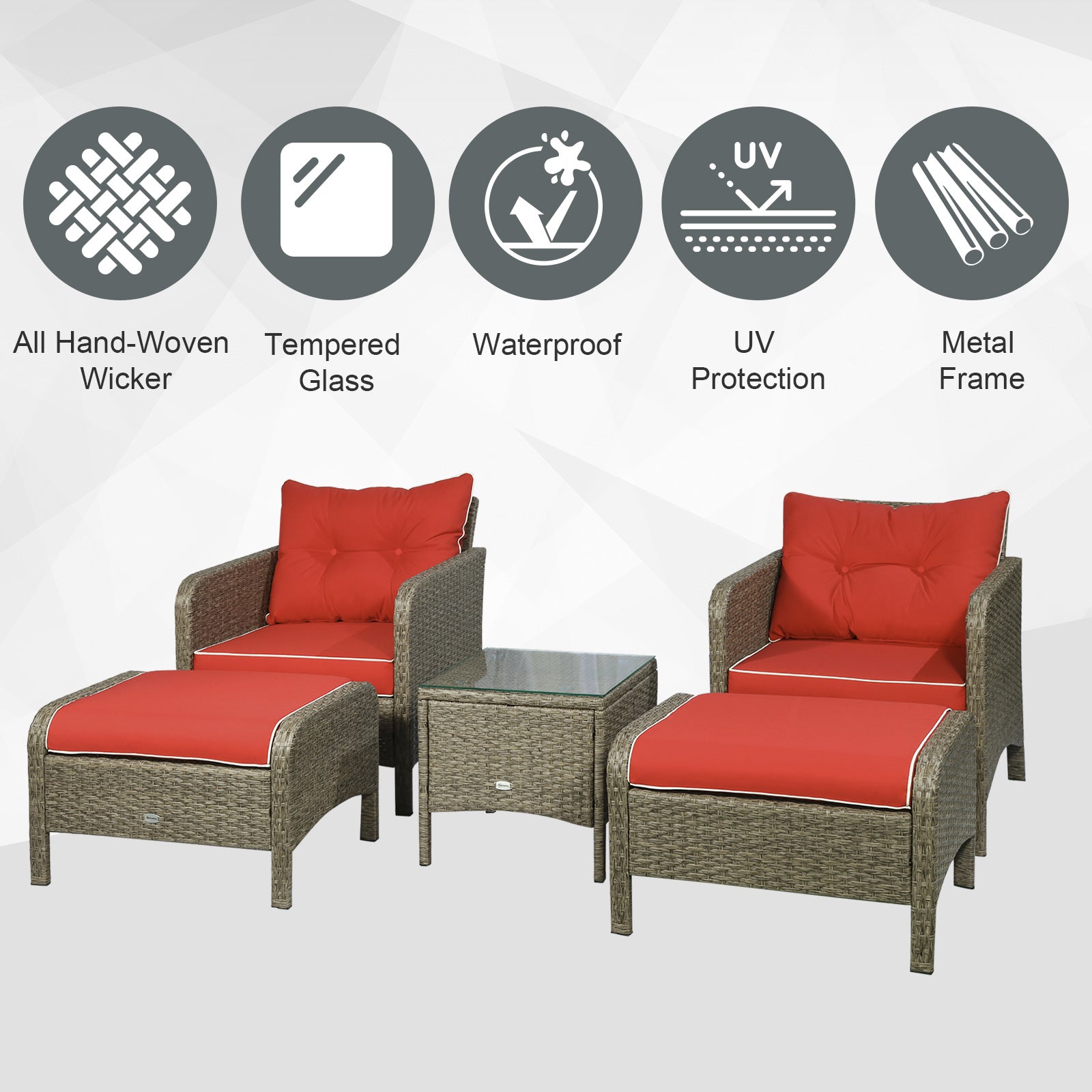 5 Pieces Wicker Patio Furniture Sofa Set Thick Padded Cushions, Outdoor PE Rattan Conversation Coffee Set with Armchairs, Footstools and Glass Top Table, Red