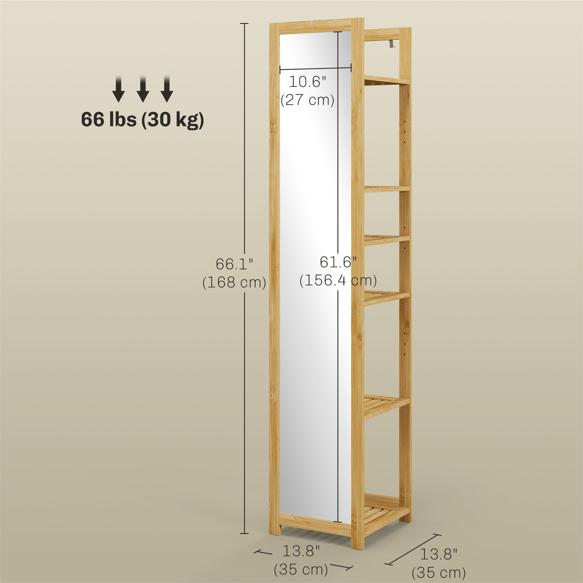 66" x 14" Standing Mirror with 6-Tier Shelf, Floor Mirror Full Body Mirror for Bathroom, Living Room, Nature Wood