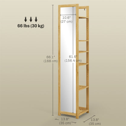 66" x 14" Standing Mirror with 6-Tier Shelf, Floor Mirror Full Body Mirror for Bathroom, Living Room, Nature Wood