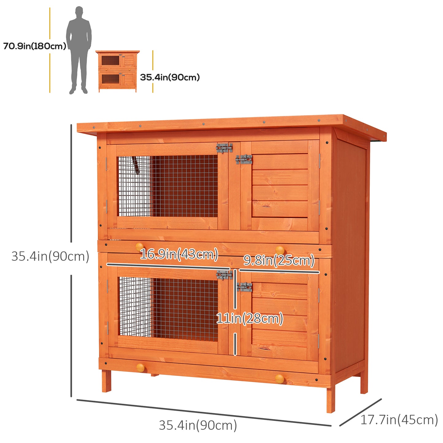 2-Tier Wooden Rabbit Hutch Small Animal House Bunny Pet Cage with 2 Main Rooms, Sliding Tray, Opening Top, Yellow