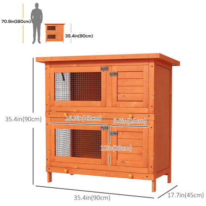 2-Tier Wooden Rabbit Hutch Small Animal House Bunny Pet Cage with 2 Main Rooms, Sliding Tray, Opening Top, Yellow