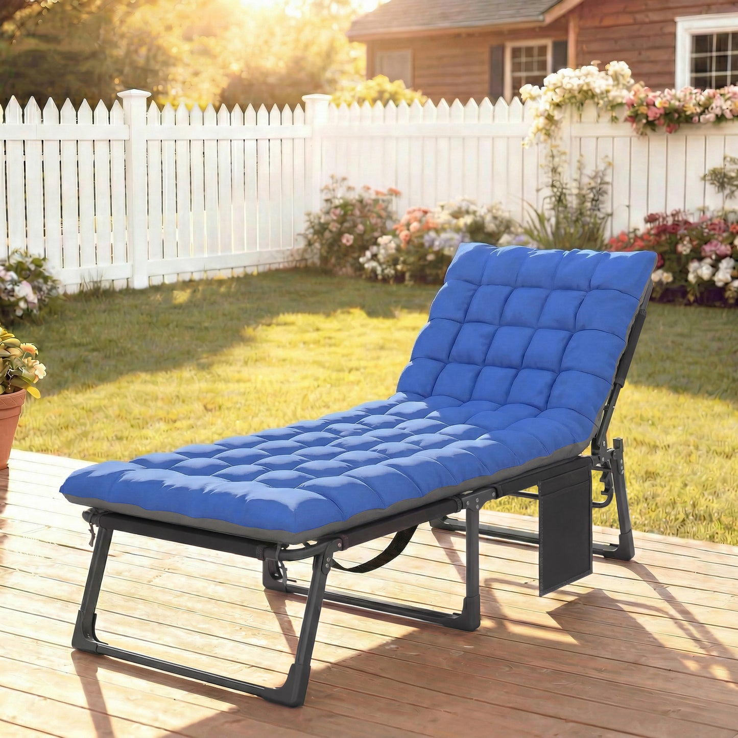 29.5" Wide Folding Chaise Lounge Chair Outdoor Tanning Chair, Camping Cot with Cushion, Side Pocket, Grey/Blue