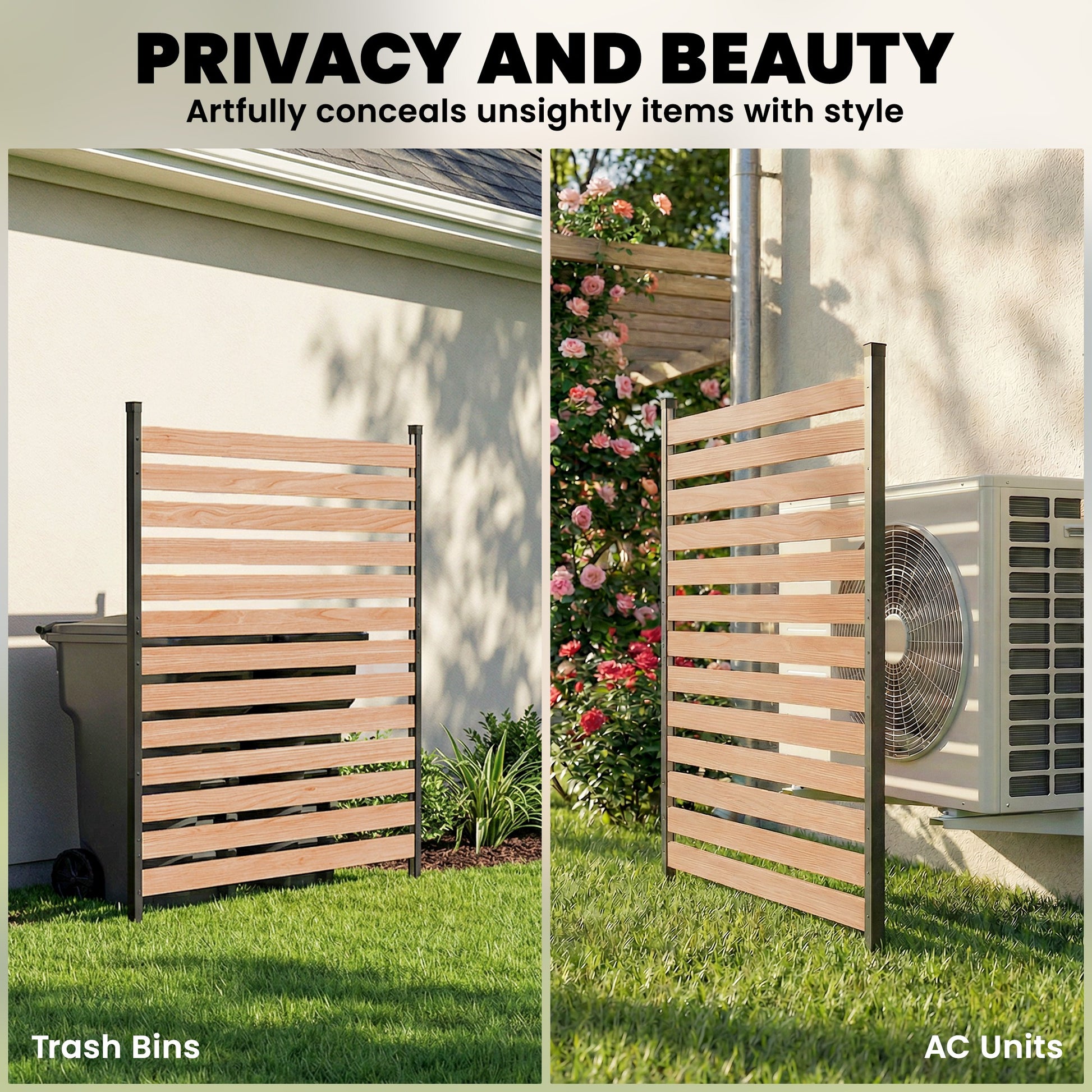 Privacy Screen Panel, 38" x 76" No Dig Space Divider with Fir Wood Planks and Aluminum Posts, Great to Hide Trash Cans