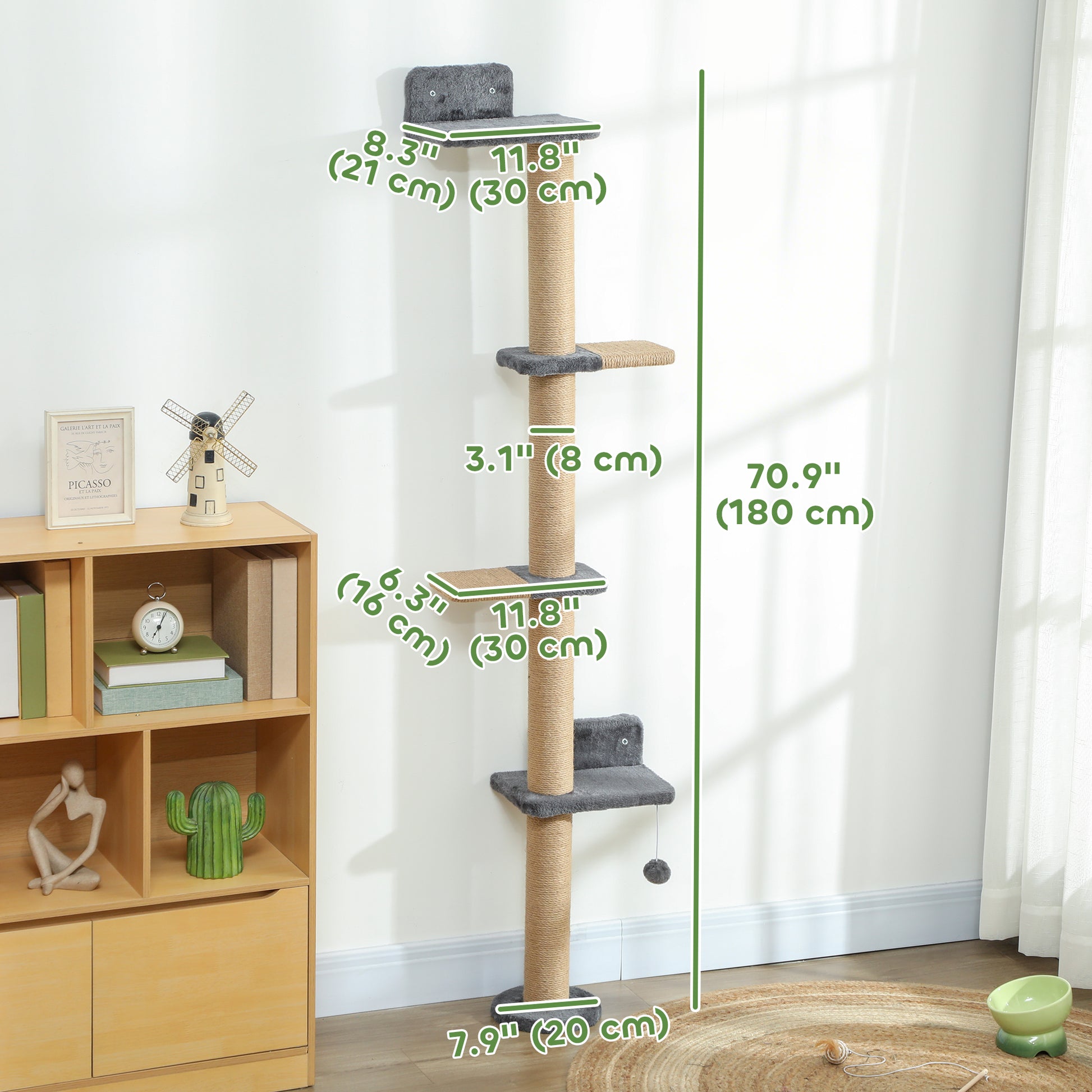 Cat Wall Shelves, Cat Wall Furniture with 4 Platforms, Jute Scratching Post for Indoor Playing, Climbing, Dark Grey