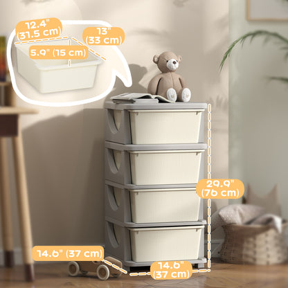 Qaba 4 Tier Kids Toy Organizer and Storage Bins with 4 Plastic Drawers, Cream White