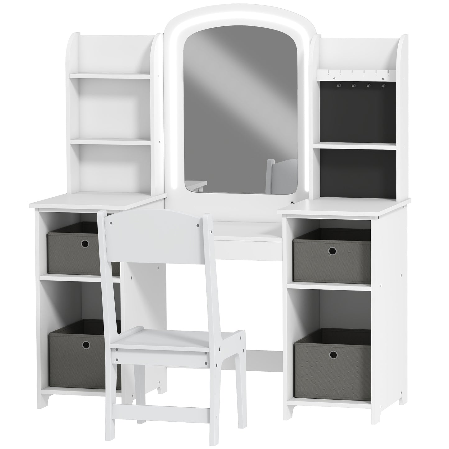 Qaba Kids Vanity Table and Chair, Toddler Dressing Table and Chair Set with Lighted Mirror for Little Girls, White