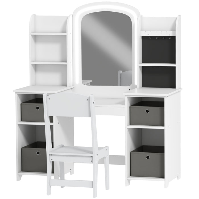 Qaba Kids Vanity Table and Chair, Toddler Dressing Table and Chair Set with Lighted Mirror for Little Girls, White