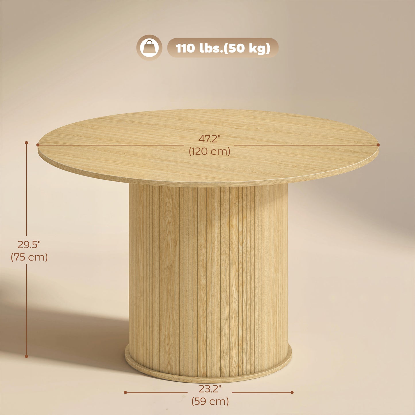 Round Dining Table for 4-6, 47 Inch Kitchen Table with Fluted Pedestal Base, for Kitchen Living Room Dining Room, Natural