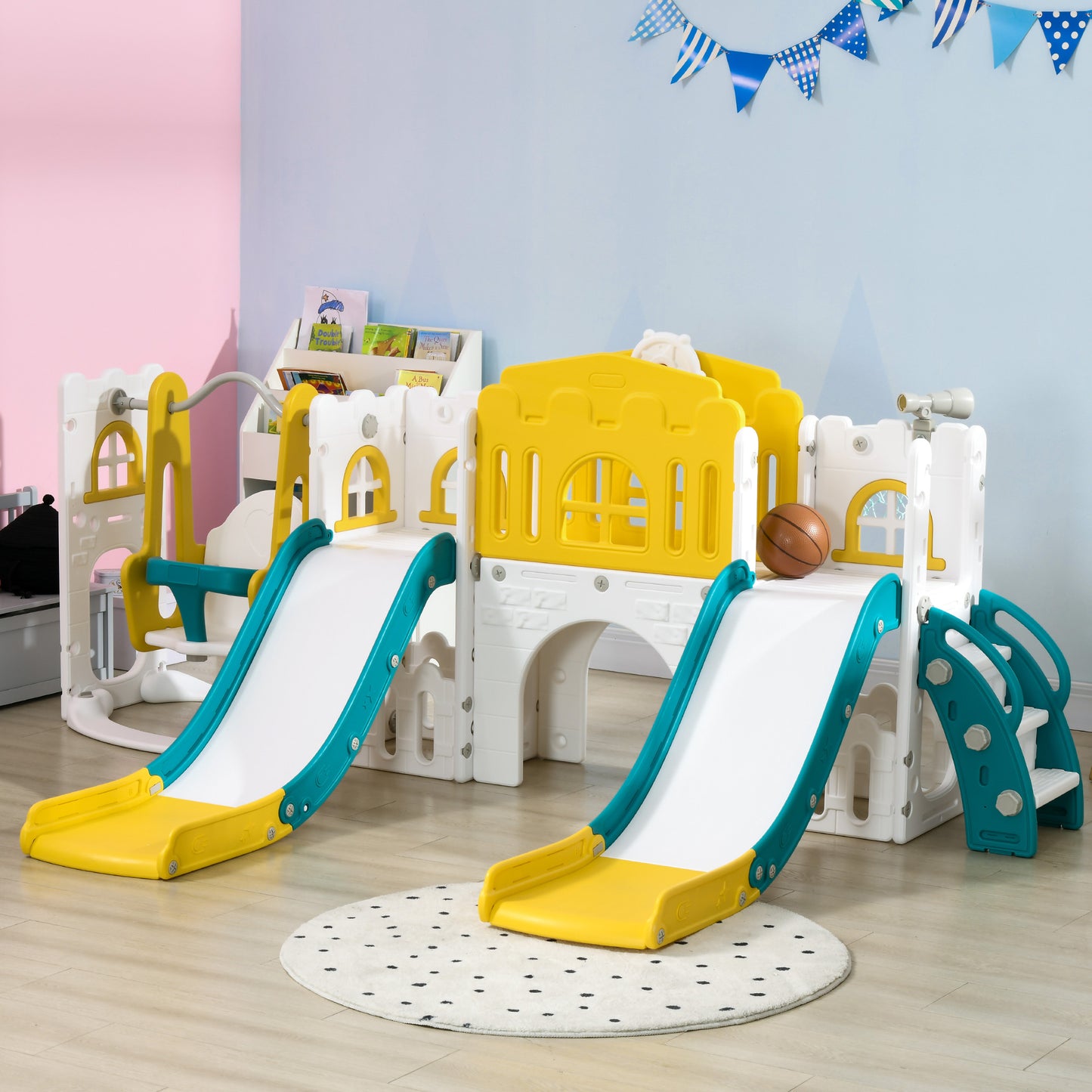 Qaba 8 in 1 Slide and Swing Set, Toddler Slide Set with Basketball Hoop, Climber, Steering Wheel, for Aged 1-3 Years, Yellow