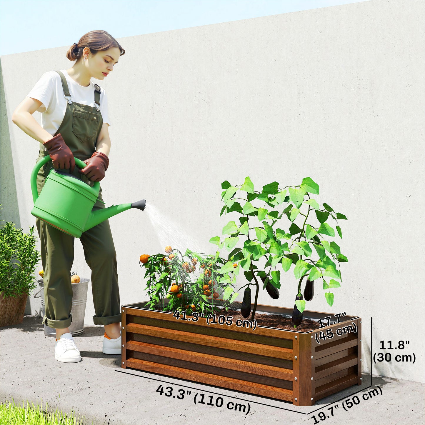 Galvanized Raised Garden Beds, Outdoor Planter Box, Set of 2, for Flowers, Herbs and Vegetables, Brown Wood Effect