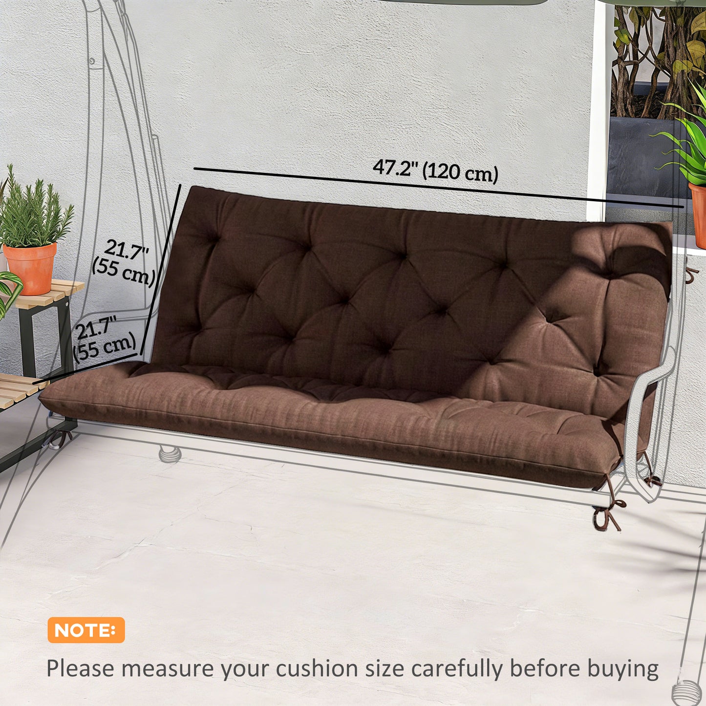 2 Seater Garden Bench Cushion, Soft Thick Outdoor Non-Slip 2 Seater Soft Pad With Backrest, 47" x 43" x 4", Coffee