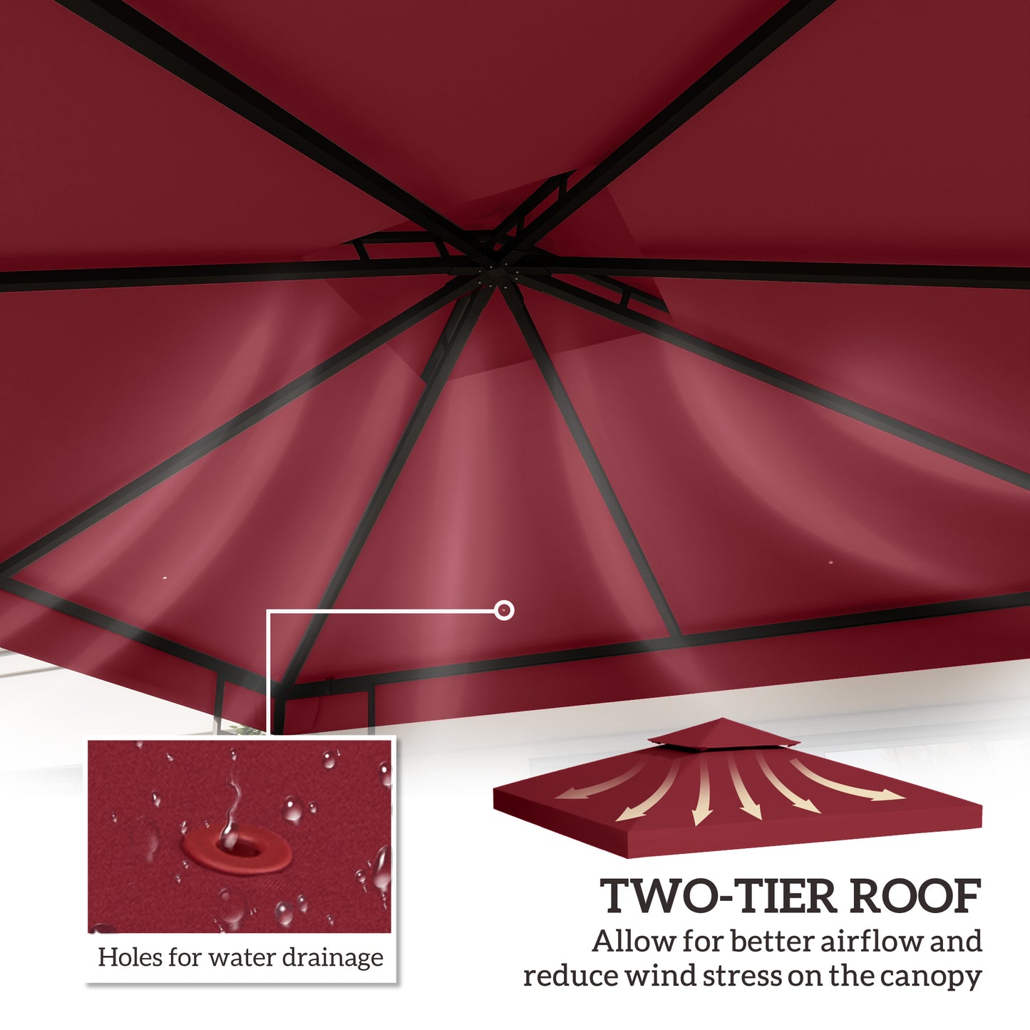 10' x 10' Square 2-Tier Gazebo Canopy Replacement Top Cover Outdoor Garden Sun Shade, Wine Red