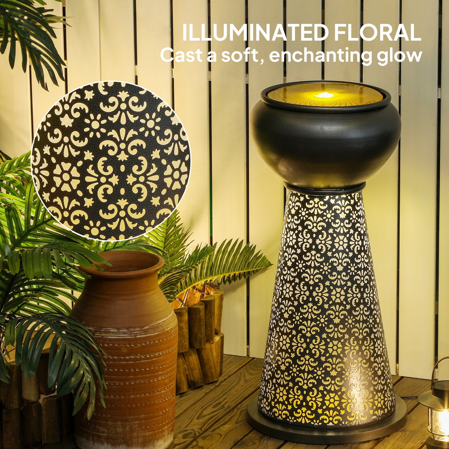 28" Tall Outdoor Water Fountain with LED Lights, Bowl Garden Waterfall Fountain with Adjustable Flow, Outdoor Water Feature with Cut-out Floral Base, Dark Grey and Yellow