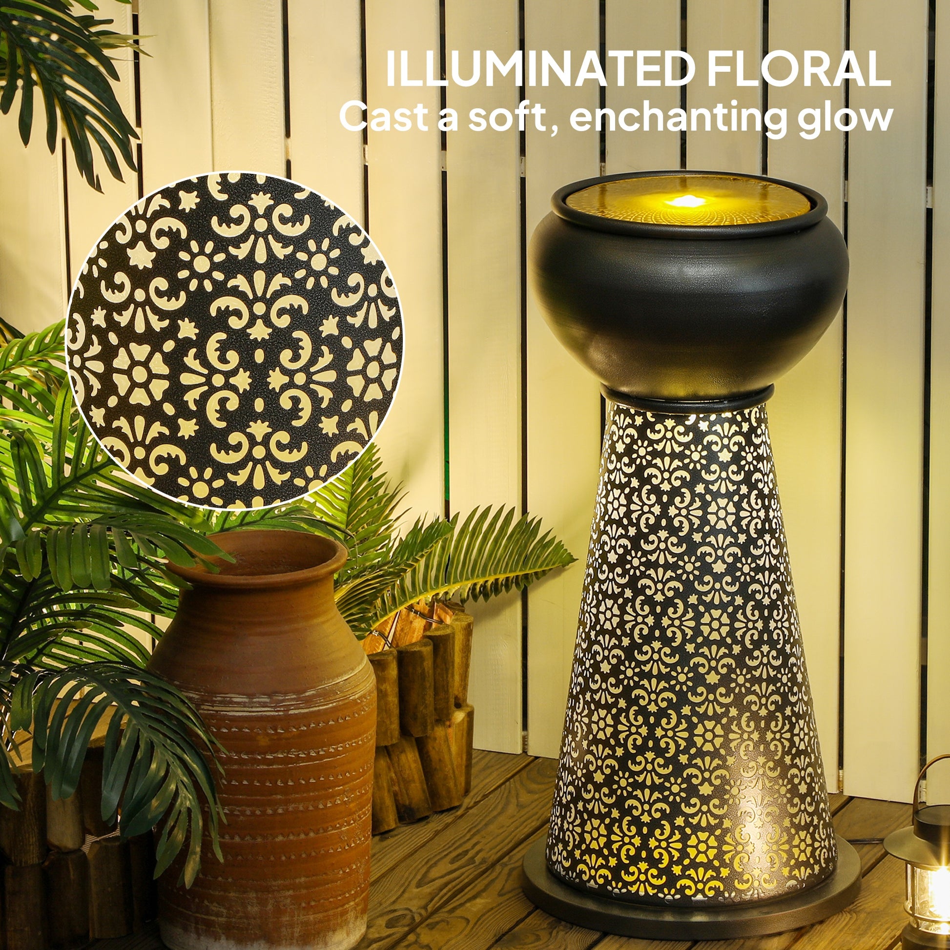 28" Tall Outdoor Water Fountain with LED Lights, Bowl Garden Waterfall Fountain with Adjustable Flow, Outdoor Water Feature with Cut-out Floral Base, Dark Grey and Yellow