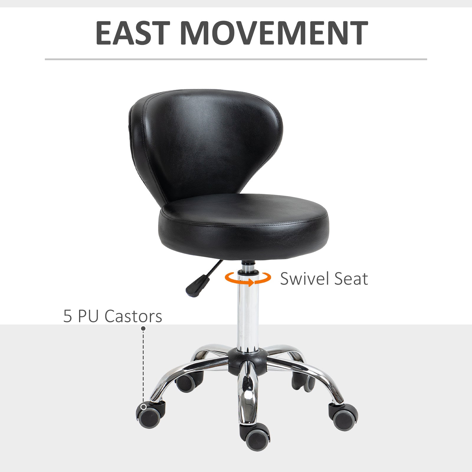 Adjustable Swivel Salon Stool with Backrest and Wheels, Office & Living Room Chair, Synthetic Leather, Black