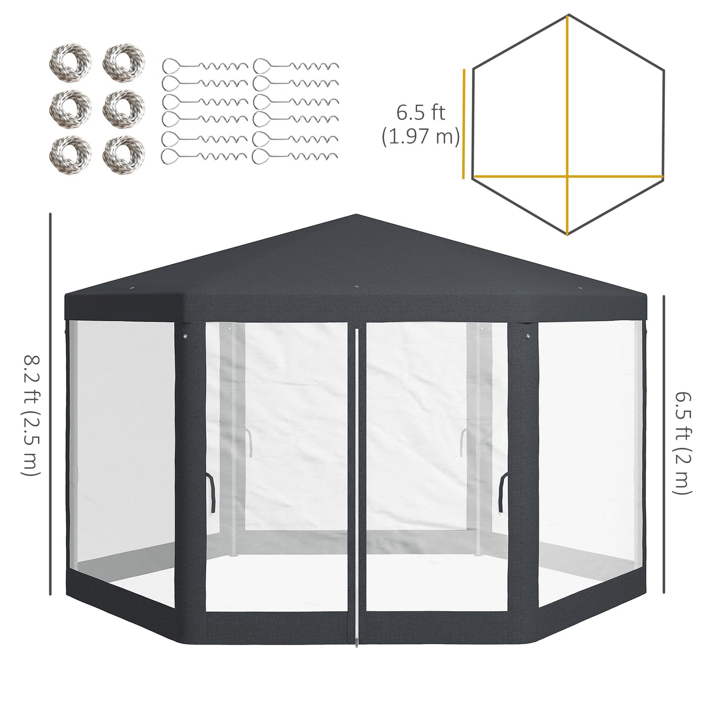 Φ13' Hexagon Party Tent Patio Gazebo Outdoor Activity Event Canopy Quick Sun Shelter Pavilion with Netting Mesh Sidewall, Dark Grey