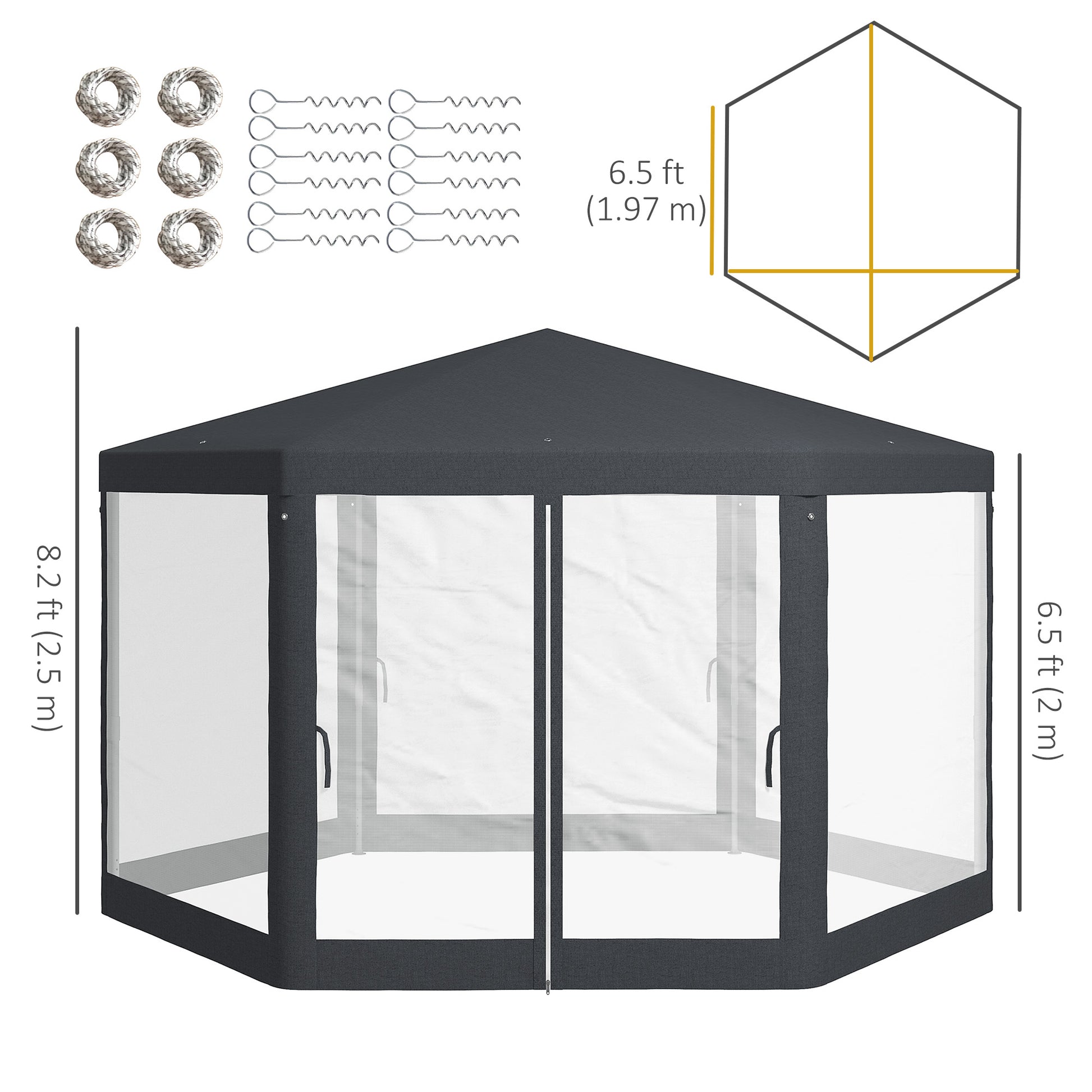 Φ13' Hexagon Party Tent Patio Gazebo Outdoor Activity Event Canopy Quick Sun Shelter Pavilion with Netting Mesh Sidewall, Dark Grey