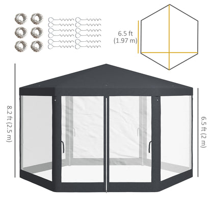 Φ13' Hexagon Party Tent Patio Gazebo Outdoor Activity Event Canopy Quick Sun Shelter Pavilion with Netting Mesh Sidewall, Dark Grey