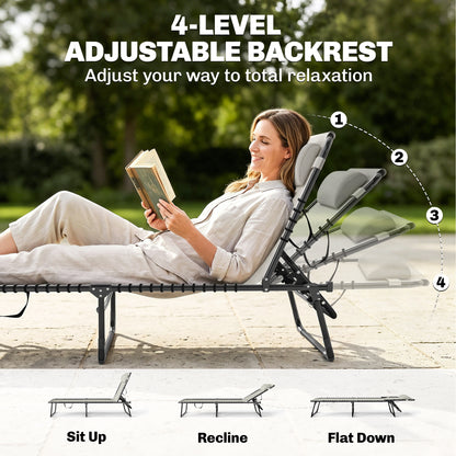 2 PCs Folding Lounge Chairs, Adjustable Chaise Lounges with Headrest for Camping, Hiking, Cream White