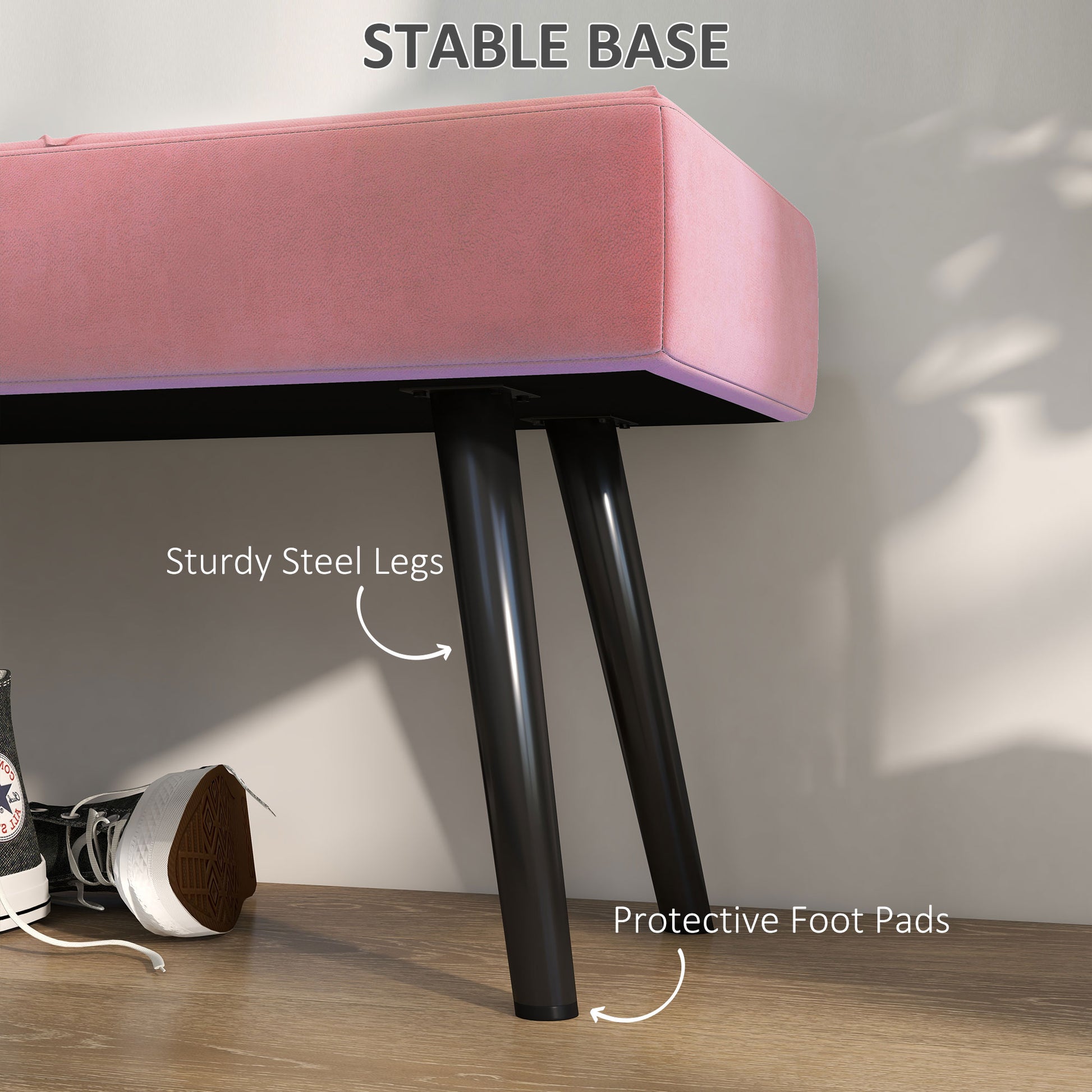 39 Inches Upholstered Bedroom Bench, Modern End of Bed Bench with Steel Legs, Pink