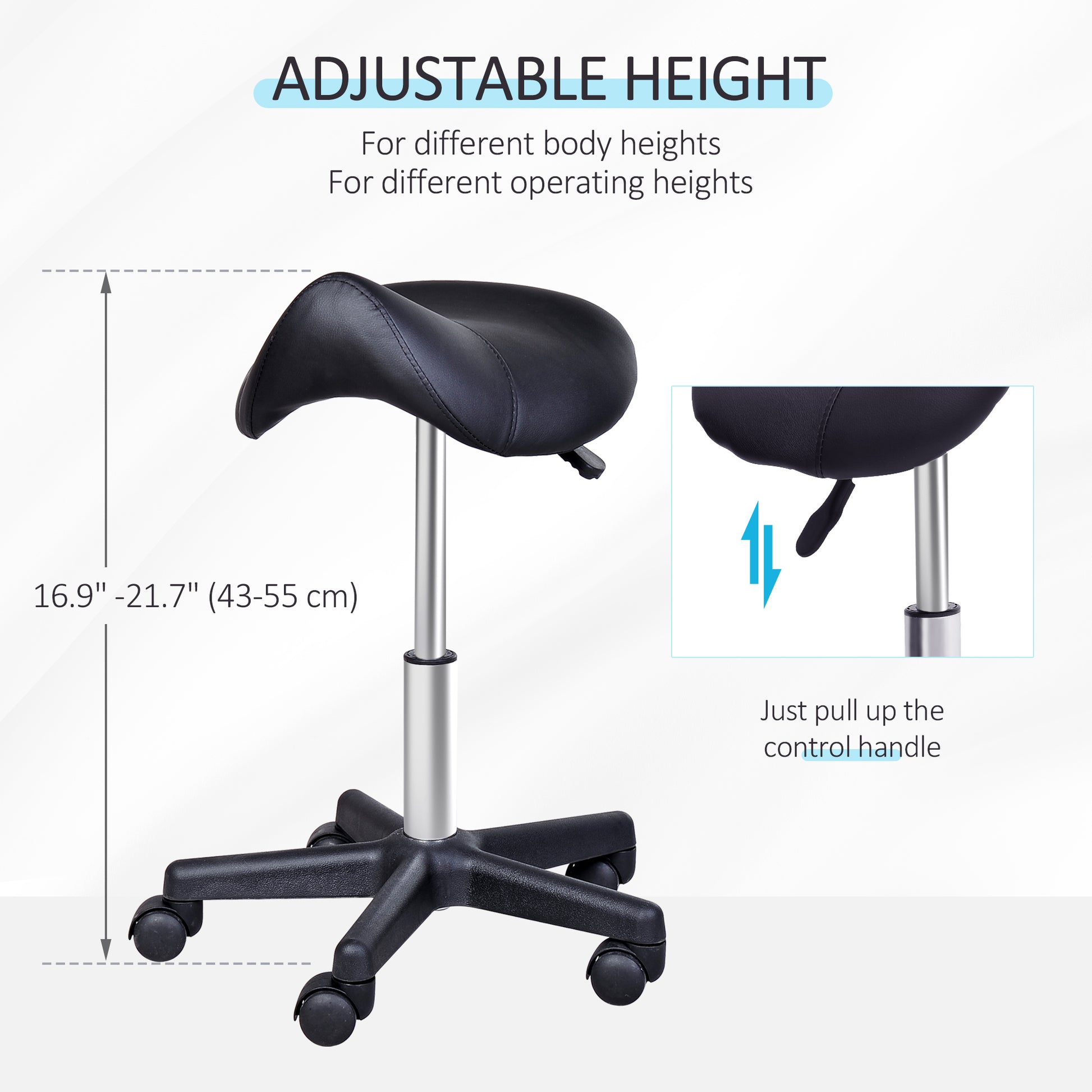 Saddle Stool, PU Leather Rolling Stool with Wheels, Adjustable Salon Chair for Kitchen, Salon Spa, Bar, Home Office, Massage, Black