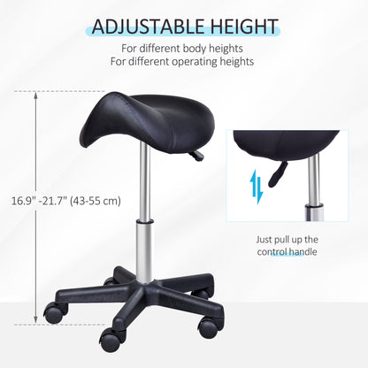 Saddle Stool, PU Leather Rolling Stool with Wheels, Adjustable Salon Chair for Kitchen, Salon Spa, Bar, Home Office, Massage, Black